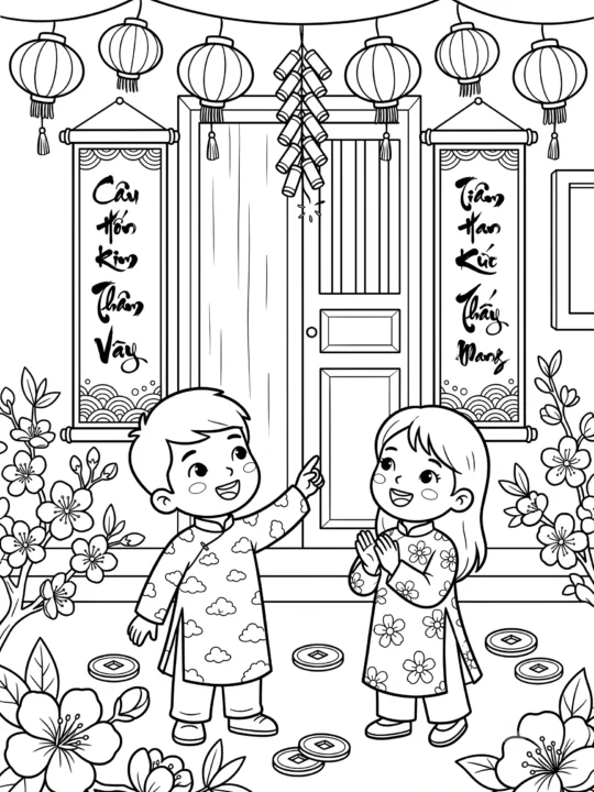 Tranh Tô Màu Câu Đối Đỏ