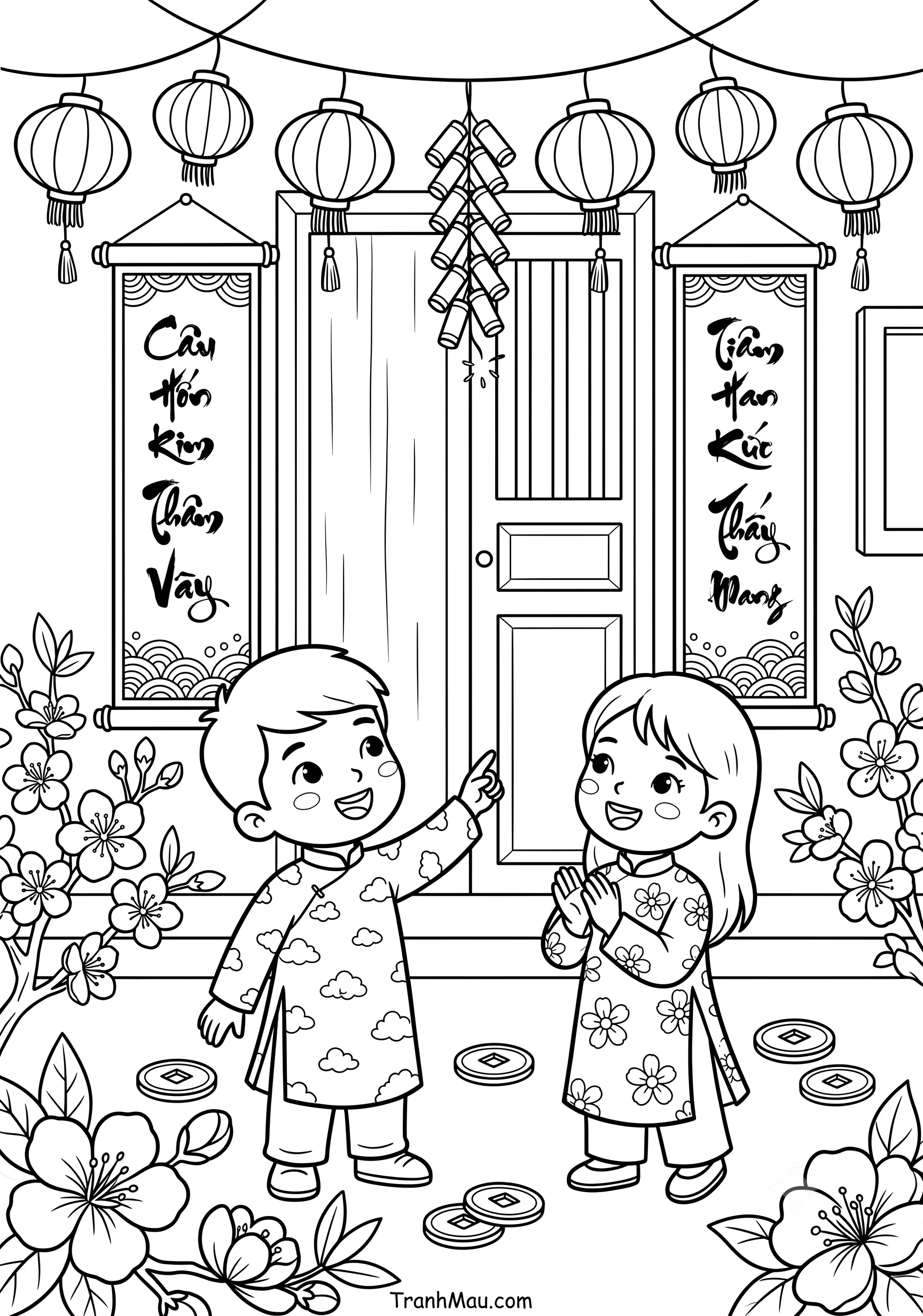 Tranh Tô Màu Câu Đối Đỏ
