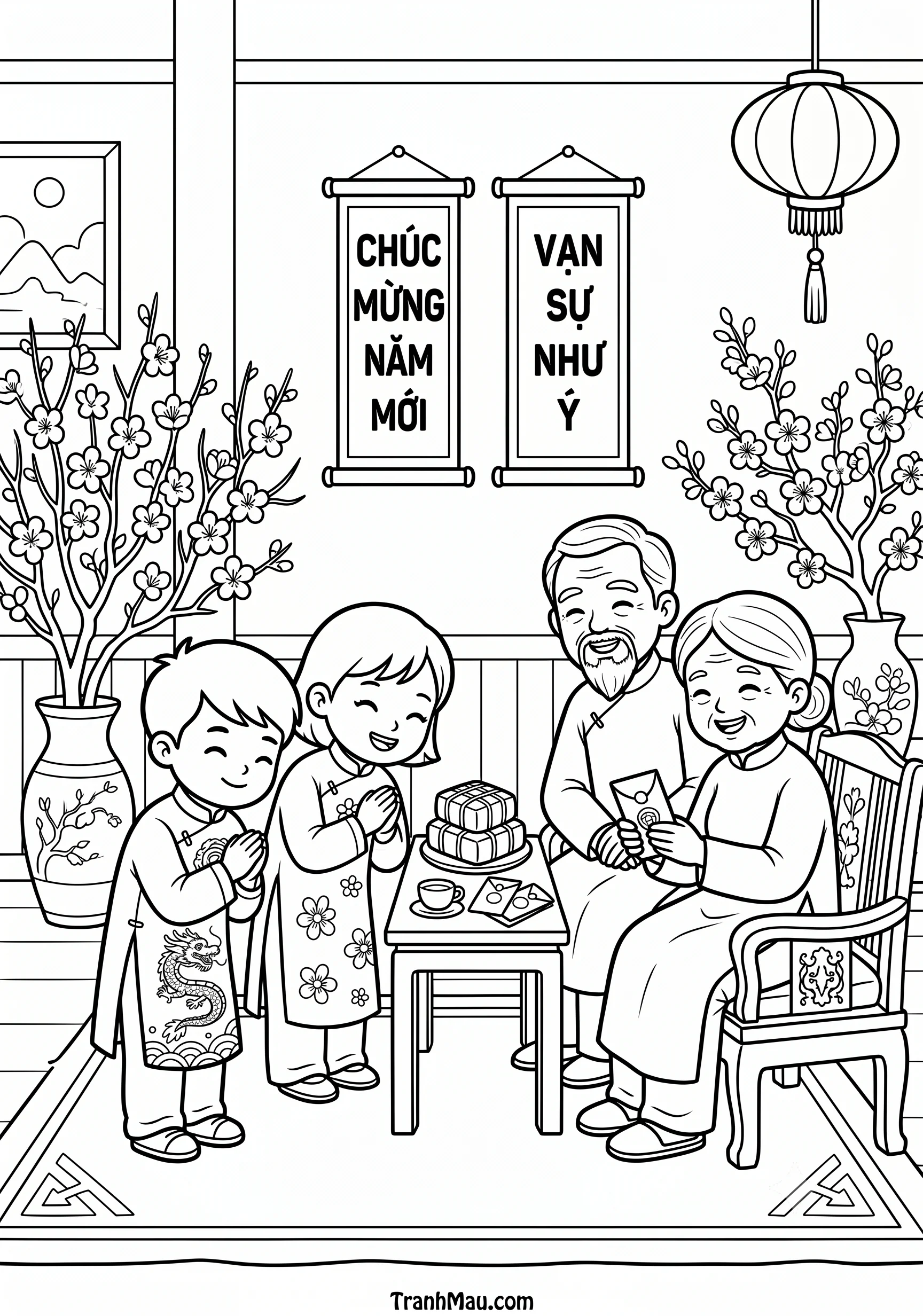 Tranh Tô Màu Chúc Tết Ông Bà
