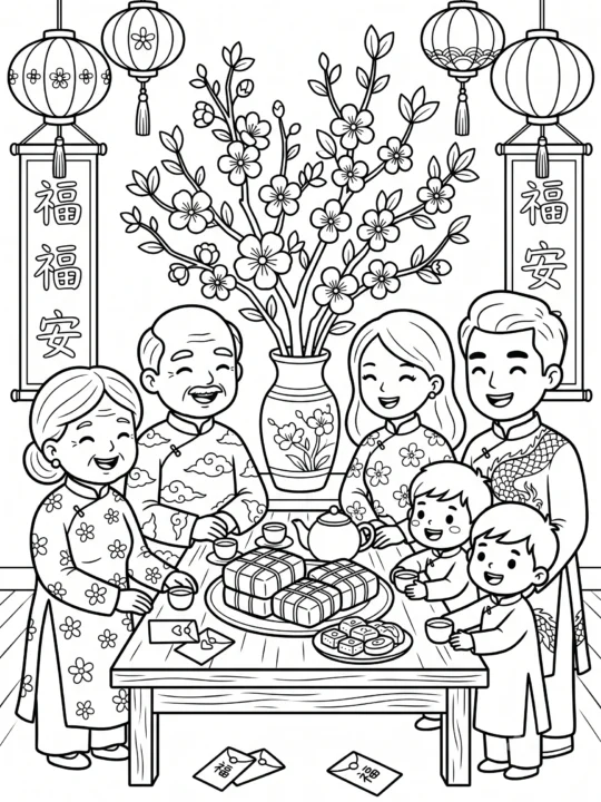 Tranh Tô Màu Gia Đình Ngày Tết
