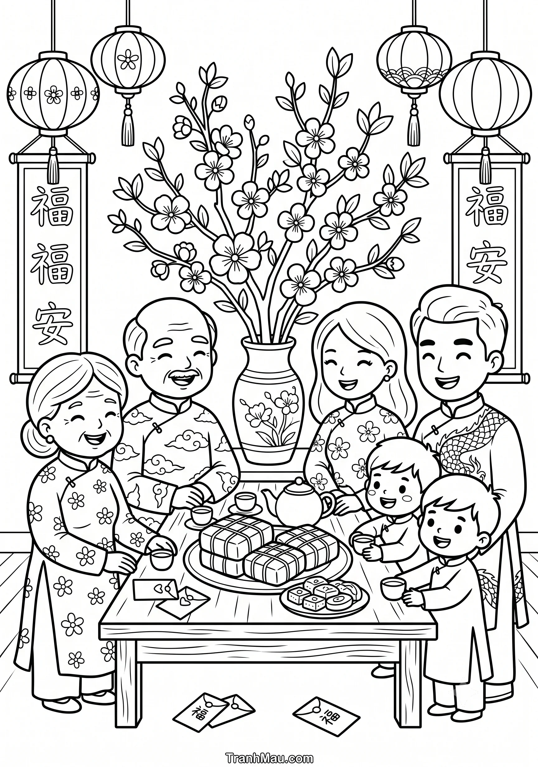 Tranh Tô Màu Gia Đình Ngày Tết