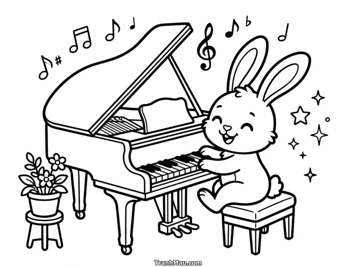 Tranh Tô Màu Thỏ Chơi Đàn Piano